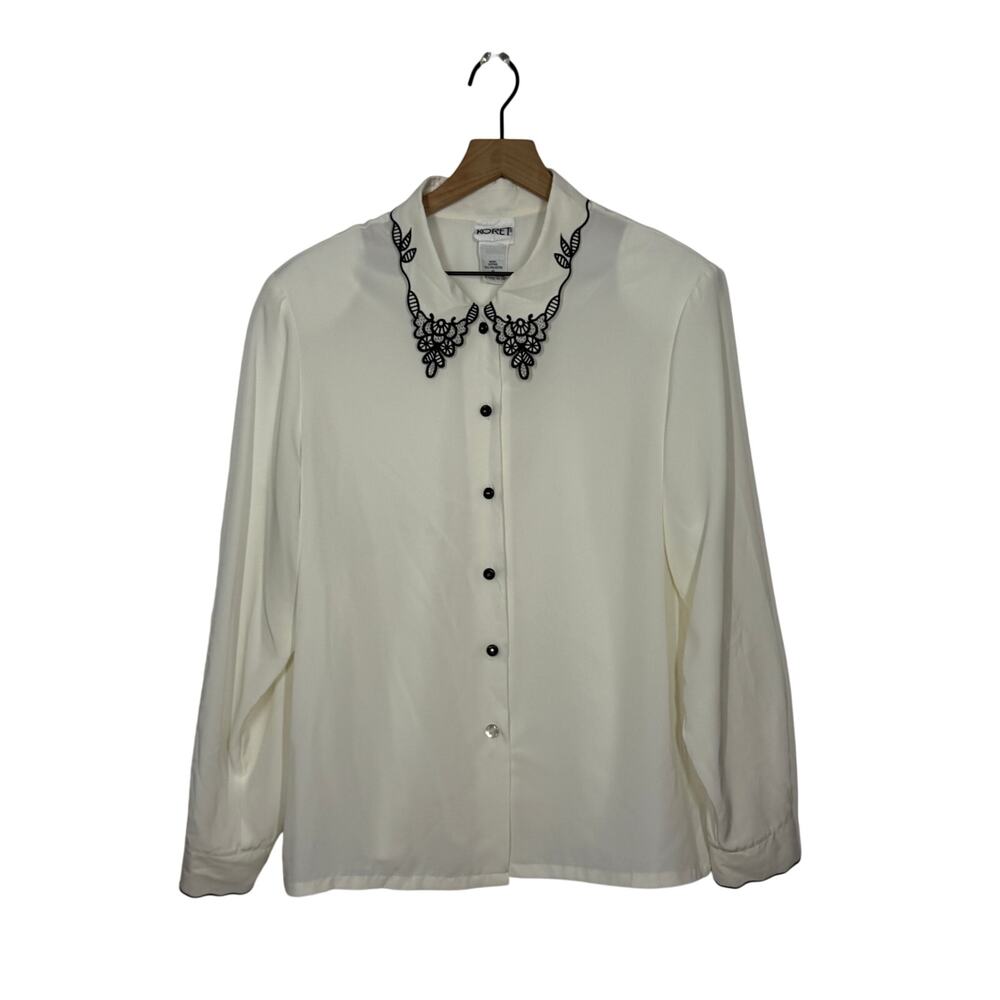 Vintage Koret Button Down Shirt Womens Size 16 Ivory Black Floral Embroidered